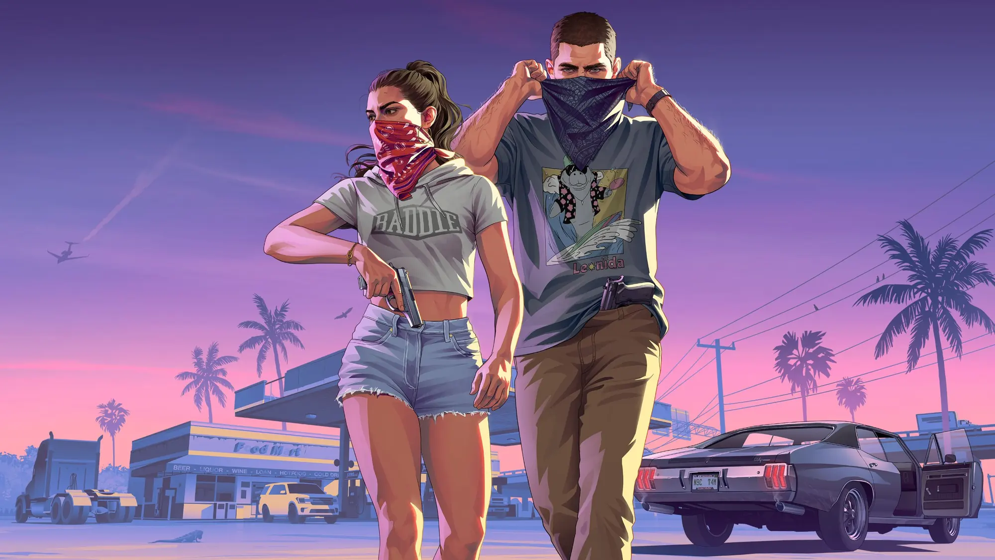 Visuel officiel de GTA VI : deux personnages masqués devant une station-service